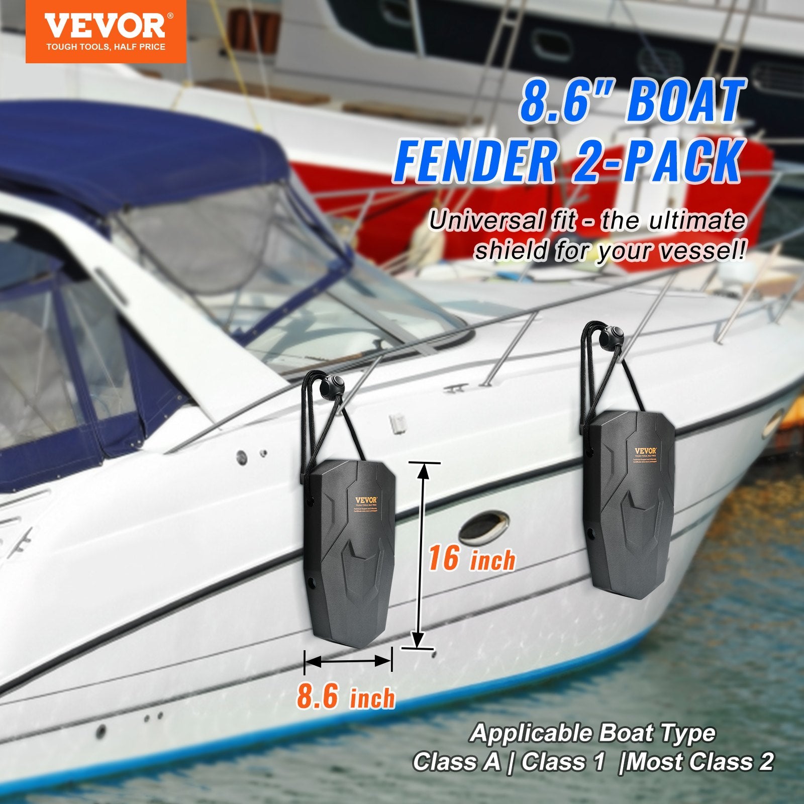 Boat Fenders, 8.6" X 16" Boat Bumpers for Docking, Marine EVA Boat Dock Fender Bumper with Ropes, Cord Locks and Storage Bag, No Inflation Required, for Class A/Class 1/Part Class 2, Black