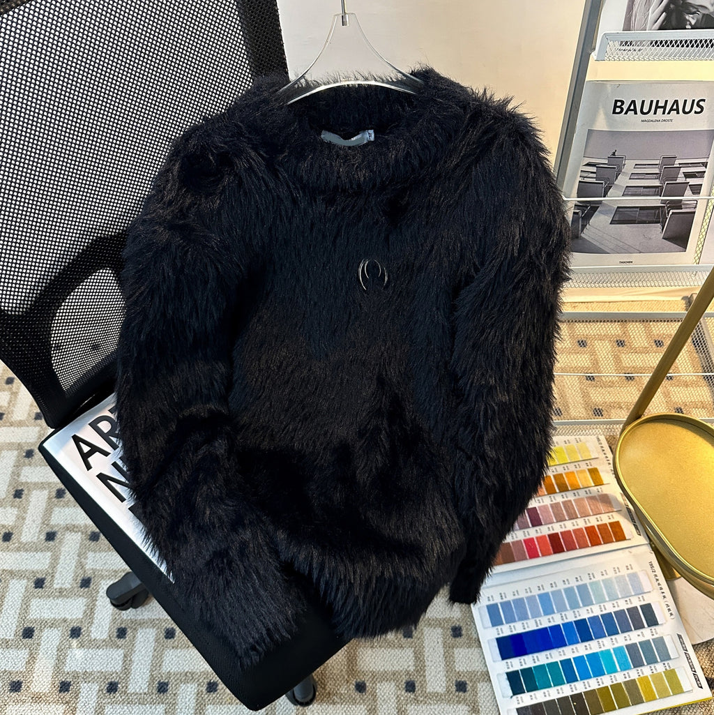 Women's Brushed Soft-Touch Knit Sweater - Retro Padded Shoulder Crewneck Pullover, Black or White, M-XXL - Amora