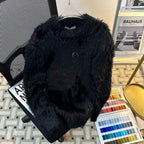 Women's Brushed Soft-Touch Knit Sweater - Retro Padded Shoulder Crewneck Pullover, Black or White, M-XXL - Amora