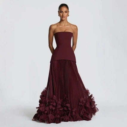 Women's Strapless Evening Gown - 3D Petal Pleated Ball Dress with Train, Six Colours, XS-XXL - Amora