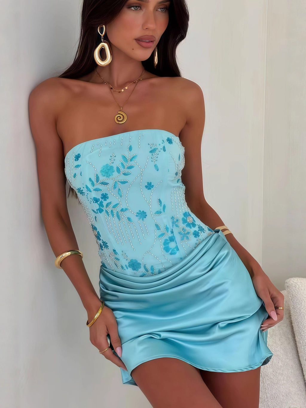 Women's Satin Bodycon Dress - Botanical Print Strapless Short Dress, Sky Blue or Pink, XS-L - Amora
