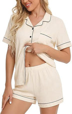 Women's Lapel Pyjama Set - Short Sleeve Top and Shorts Loungewear, Thirteen Patterns, XS-3XL - Amora