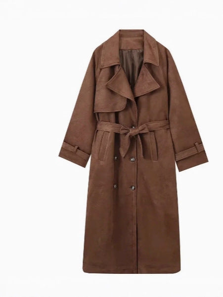 Women's Faux Suede Belted Trench Coat - Long Double-Breasted Windbreaker, Brown or Leopard Print, S-XL - Amora