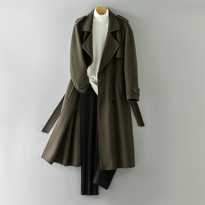 Wool Coat - Double-Breasted Reversible Longline Overcoat, Black or Olive Green, L-4XL - Amora