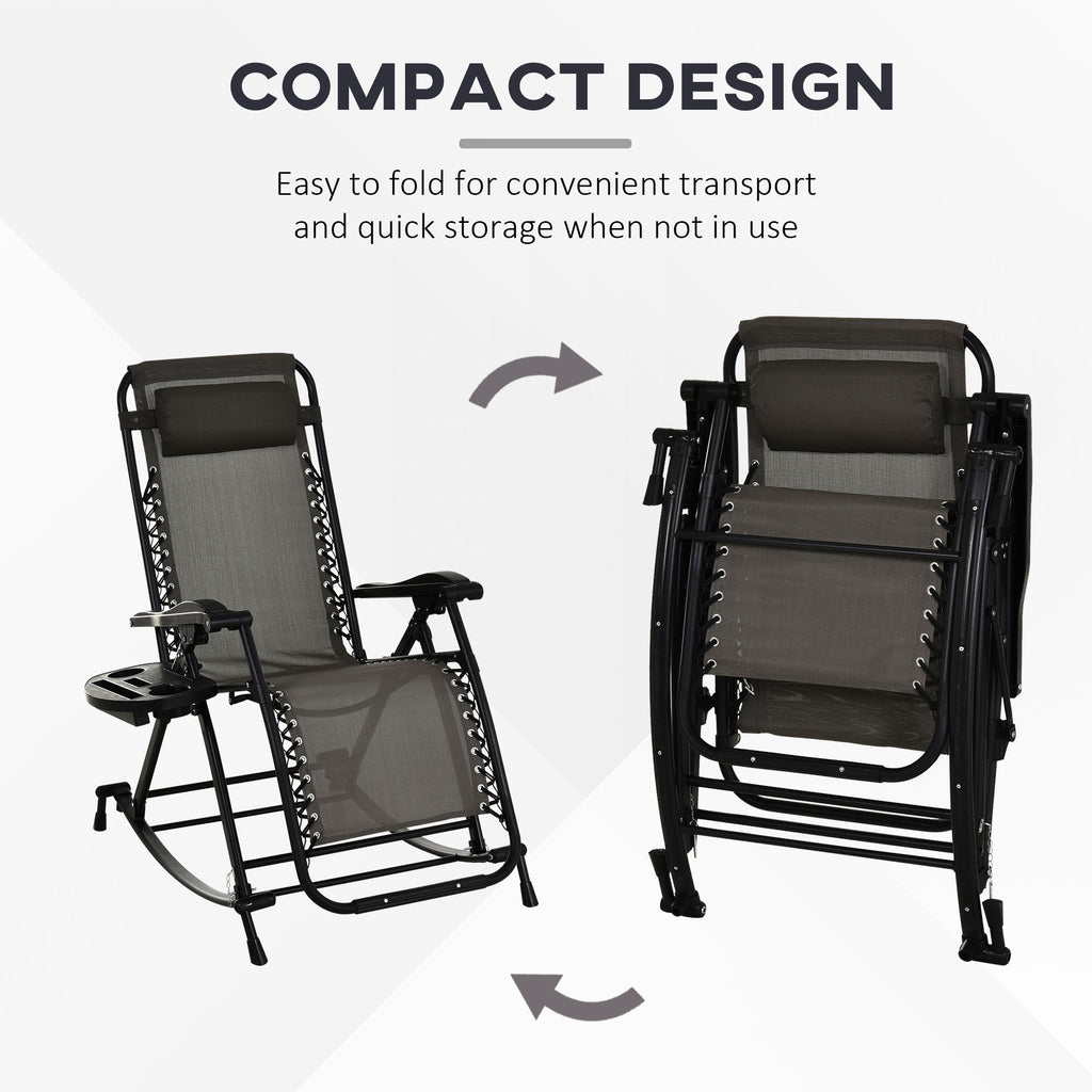 Outdoor Rocking Chairs, Foldable Reclining Zero Gravity Lounge Rocker with Pillow, Cup & Phone Holder, Combo Design with Folding Legs, Gray