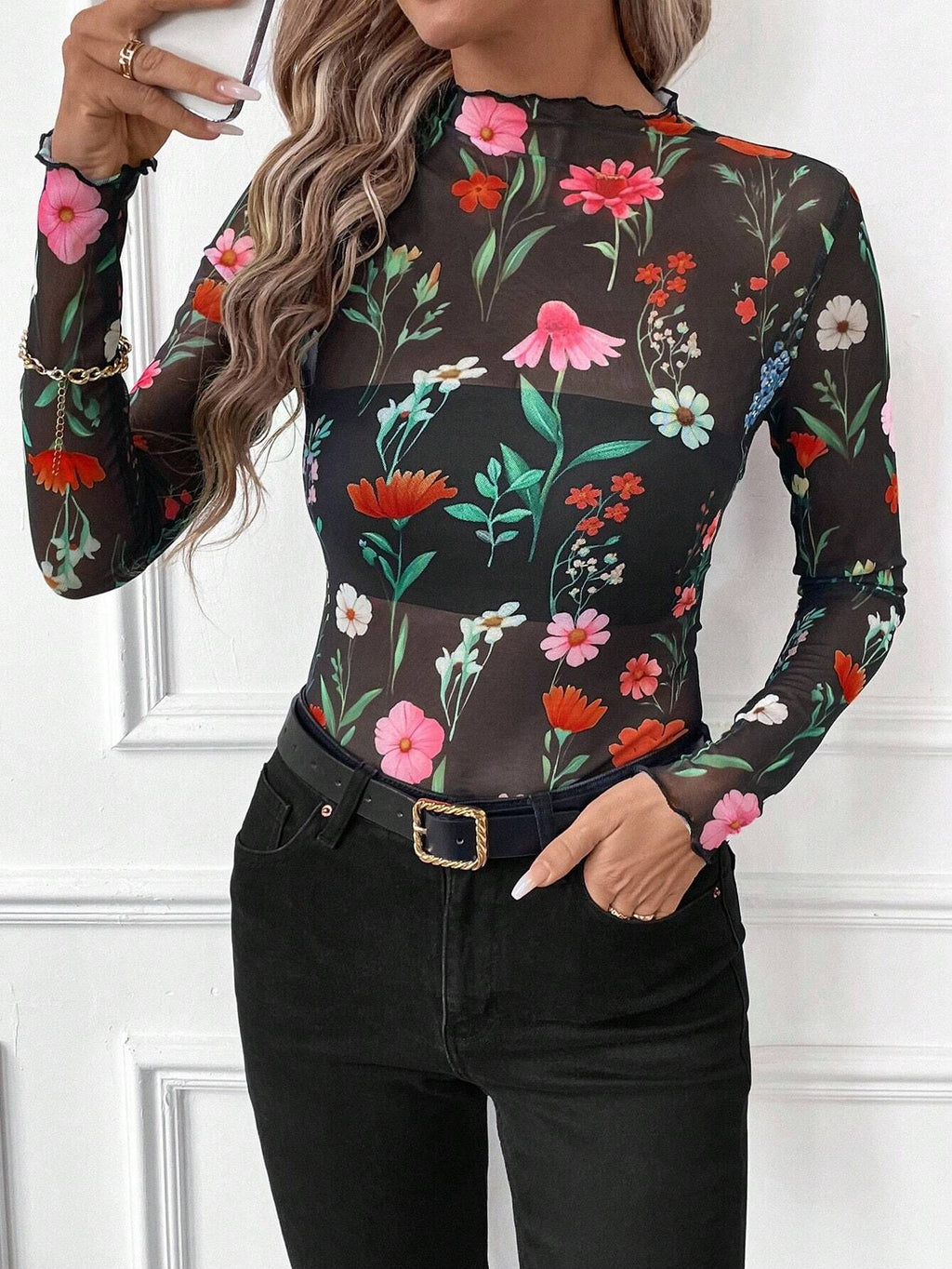Women's Leopard Print Mesh Top - Ruffle Trim Slim Fit Long Sleeve Top, Five Colours, S-XXL - Amora