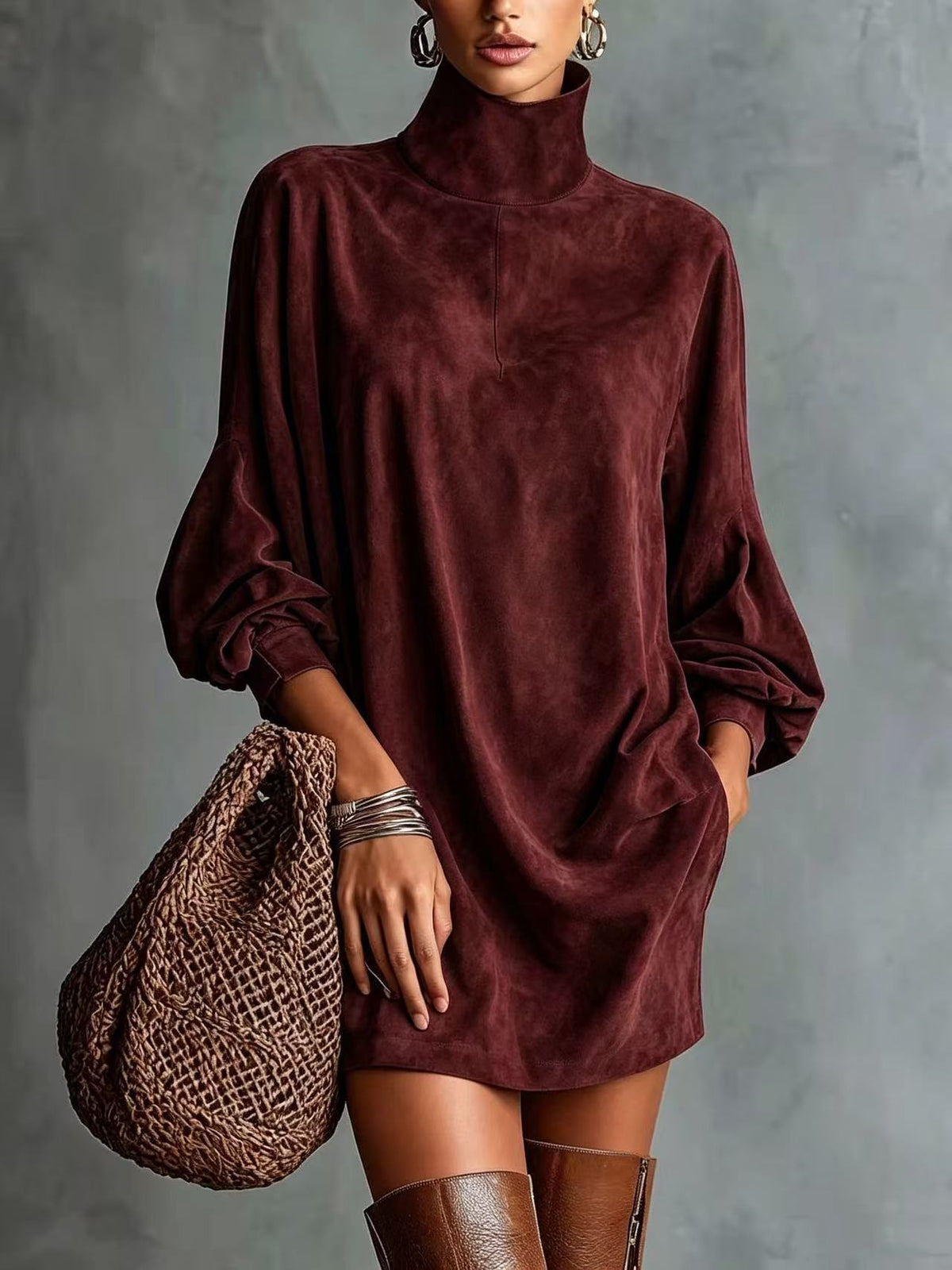 Women's Faux Suede A-Line Dress - Retro Long Sleeve Short Dress, Eight Colours, S-3XL - Amora