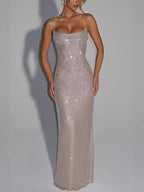Women's Sequin Evening Dress - Sleeveless Slim Fit A-Line Maxi, Burgundy, Beige or Black, S-XL - Amora