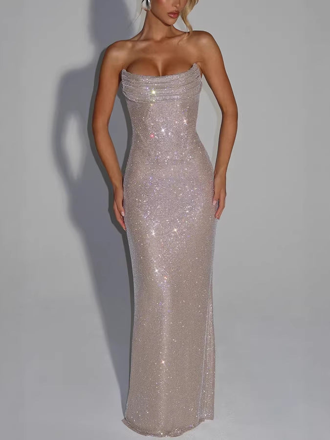Women's Sequin Evening Dress - Sleeveless Slim Fit A-Line Maxi, Burgundy, Beige or Black, S-XL - Amora
