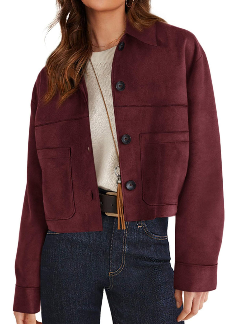 Women's Faux Suede Short Jacket - Lightweight Cropped Autumn Jacket, Eight Colours, S-XXL - Amora