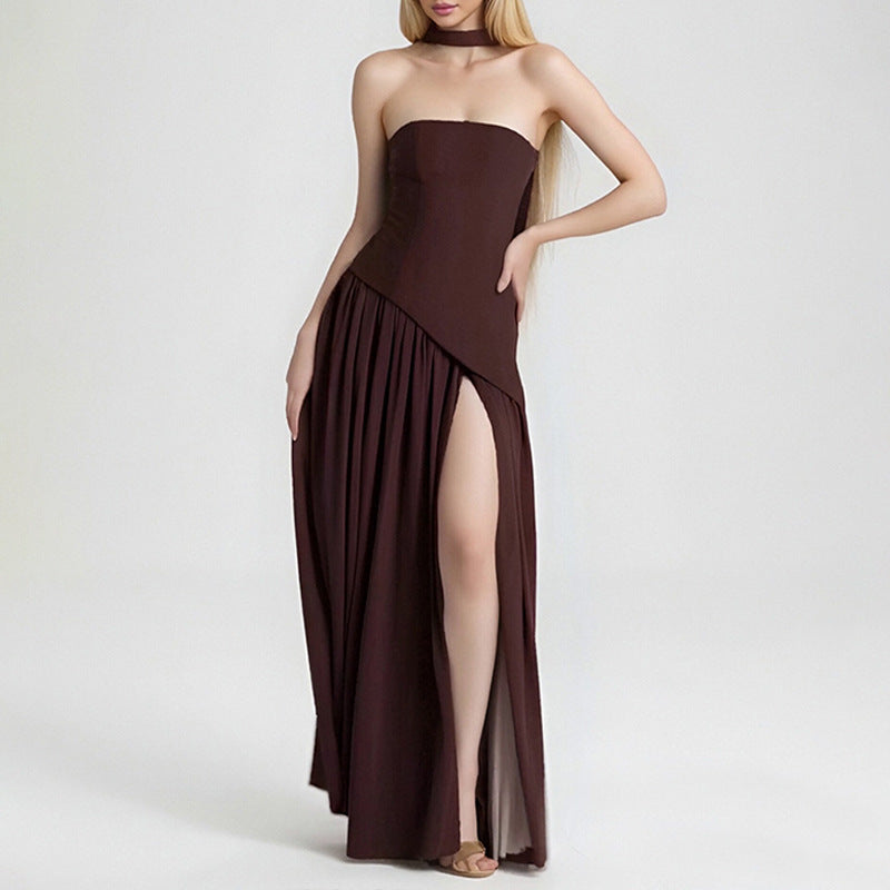 Women's Slit Maxi Dress - Sleeveless Waist-Cinching Column Dress, Green, Navy or Brown, S-3XL - Amora