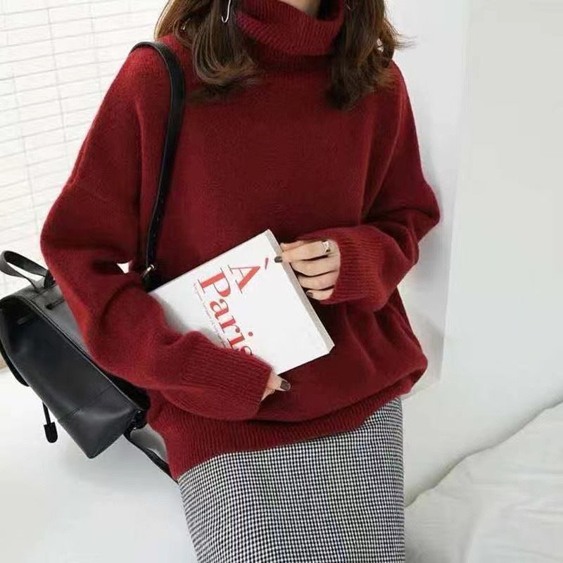 Women's Wool Blend Turtleneck Sweater - Thick Loose Knit Winter Pullover, Camel, Navy & Grey, XS-XL - Amora