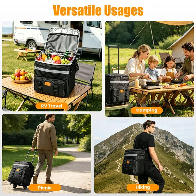 35L Rolling Cooler Bag 2-In-1 Insulated Lunch Backpack with Telescopic Handle Wheels Adjustable Shoulder Strap Portable Thermal Cooler Bag for Camping Picnic Beach Fishing