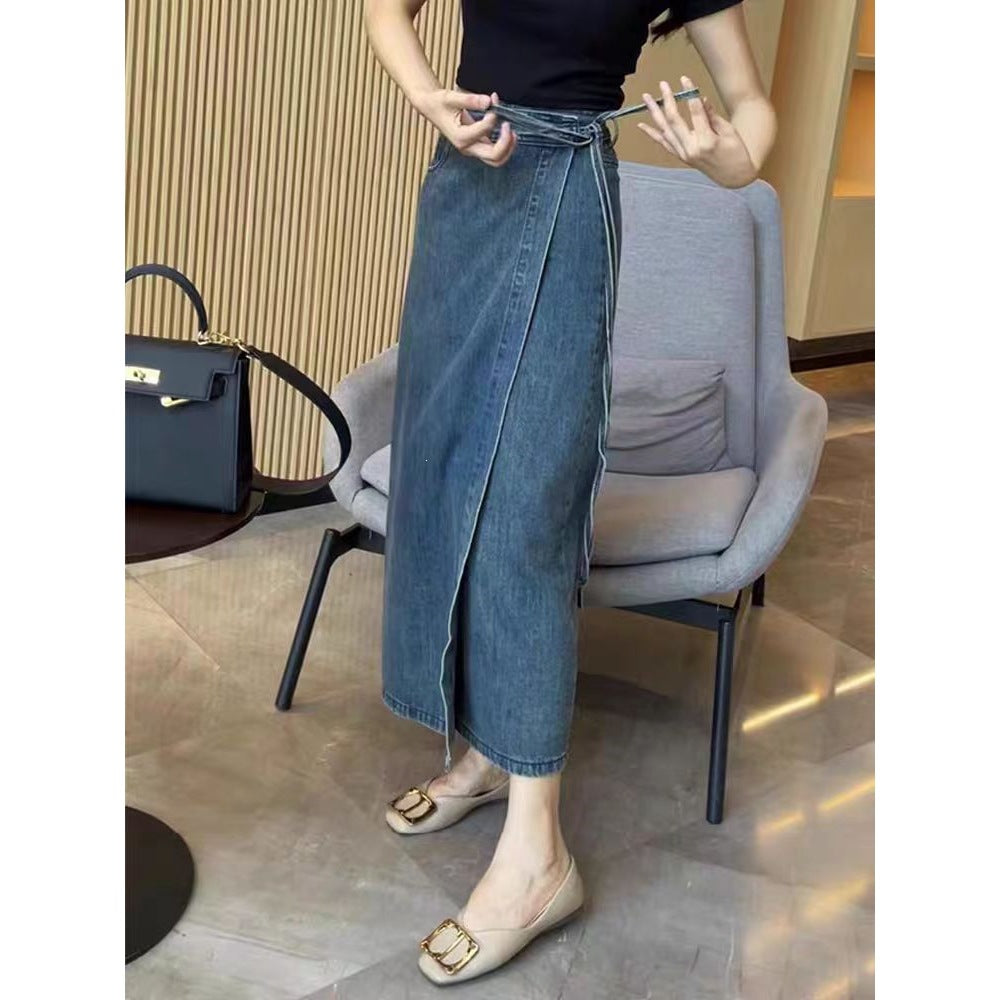 Women's High Waisted Denim Skirt - Tie-Up Waist Midi Skirt with Side Slit, Blue, S-4XL - Amora
