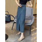 Women's High Waisted Denim Skirt - Tie-Up Waist Midi Skirt with Side Slit, Blue, S-4XL - Amora