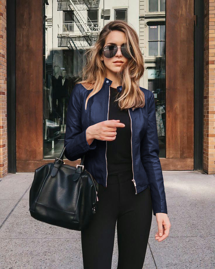 Women's Faux Leather Jacket - PU Stand Collar Slim Fit Blazer Jacket, Twelve Colours, S-5XL - Amora