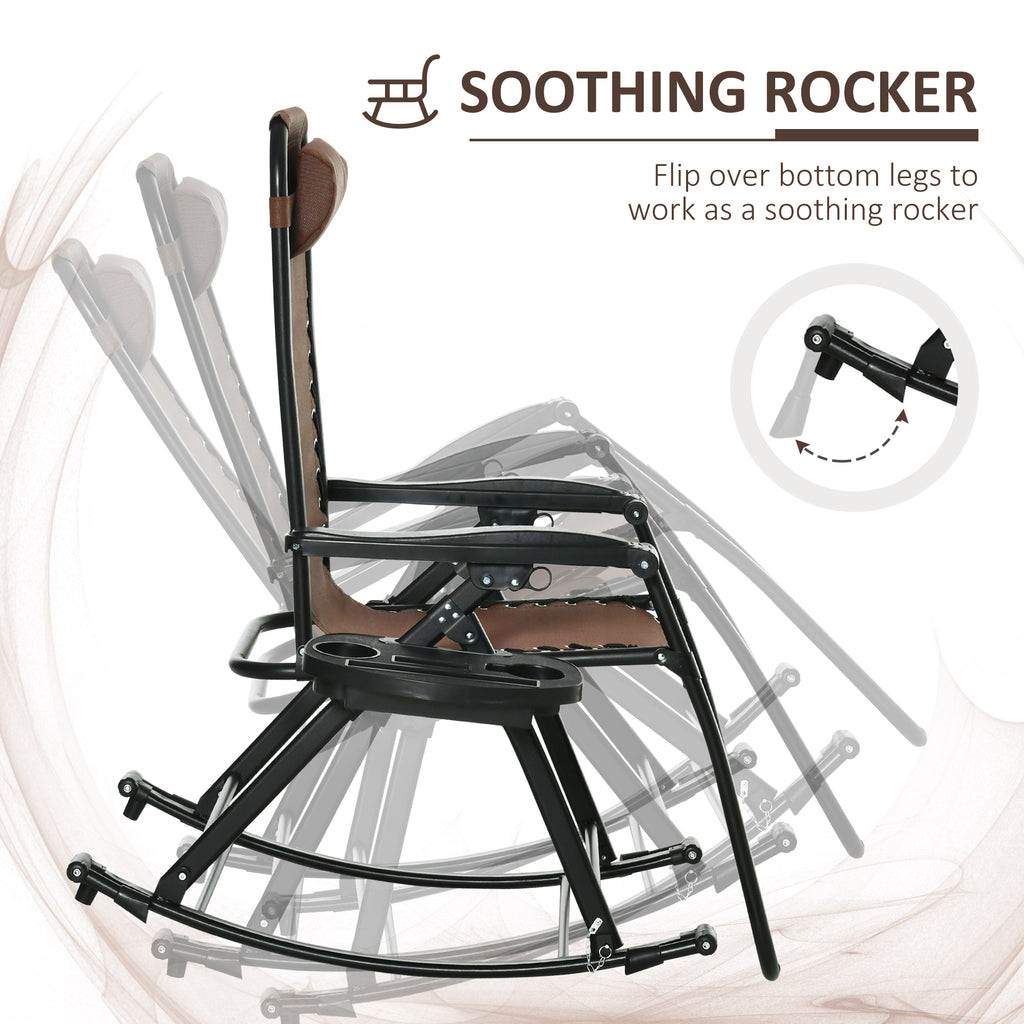 2 Outdoor Rocking Chairs Foldable Reclining Zero Gravity Lounge Rockers W/ Pillow Cup & Phone Holder, Brown