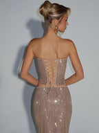 Women's Sequin Maxi Dress - Strapless Slim Fit Party Dress, Silver or Gold, S-XL - Amora
