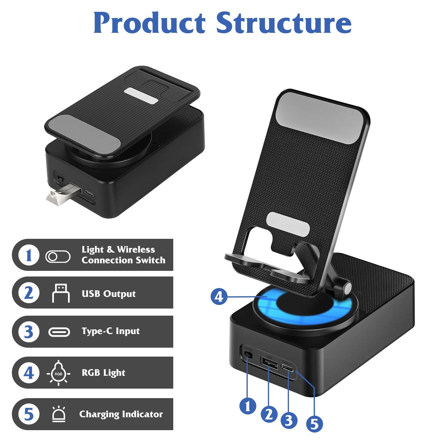 1Pc 4 in 1 Foldable Wireless Speaker Phone Stand with Power Bank 360Degree Rotatable Stand Wireless Speaker 5000Mah Battery RGB Light for Phones Ipads