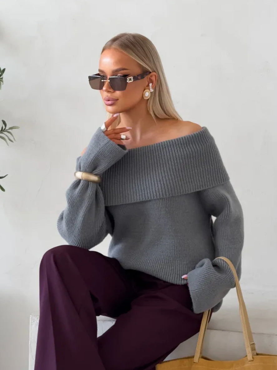 Women's Off-Shoulder Knit Sweater - Thick Lapel Collar Pullover, Seven Colours, One Size - Amora