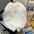 Women's Brushed Soft-Touch Knit Sweater - Retro Padded Shoulder Crewneck Pullover, Black or White, M-XXL - Amora