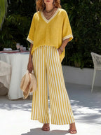 Women's Two Piece Set - V-Neck Top and Striped Wide Leg Cropped Trousers, Seven Colours, S-4XL - Amora