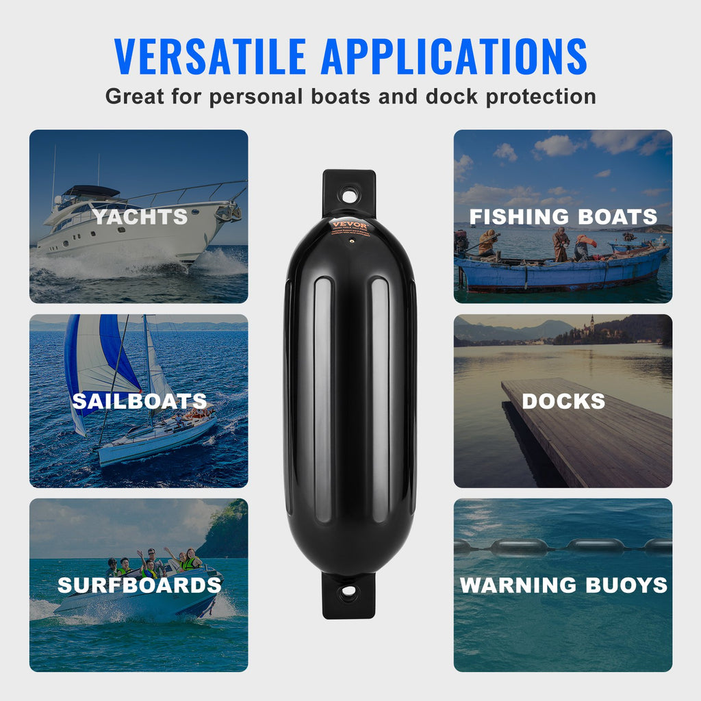 Boat Fenders, 5.5 X 20 Boat Bumpers for Docking, Inflatable Ribbed Fender with Center Holes, Marine Boat Dock Fender Bumper with Air Pump, 4 Needles and 4 Ropes and Storage Bag, Black