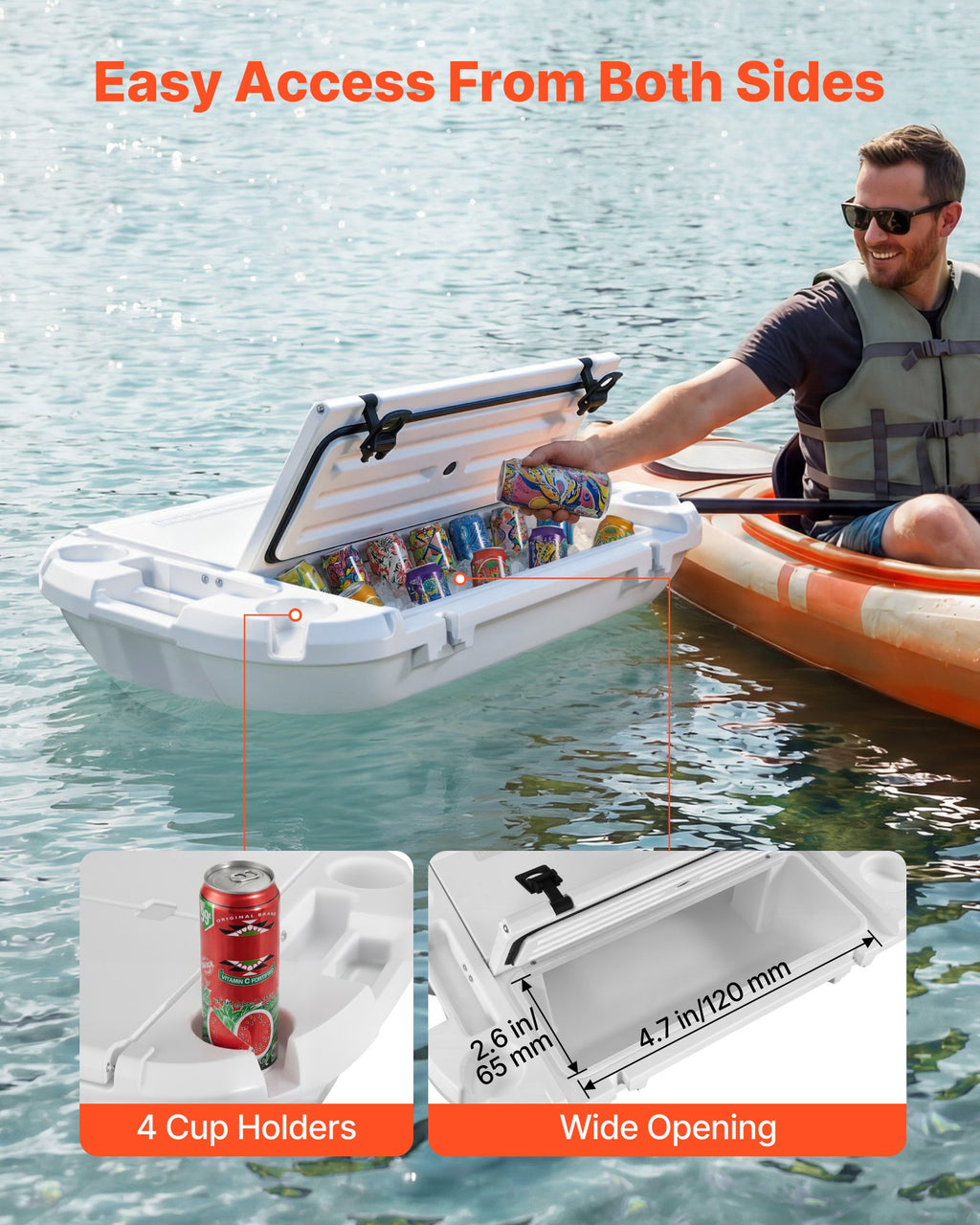 Floating Cooler, 40 QT Floating Ice Chest with Dry Storage & Tow Rope, Premium LLDPE Amphibious Drink Cooler for Water & Land, Cruise Smoothly Stable on Lake, River, Pool, Beach, Kayak, White
