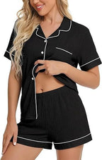 Women's Lapel Pyjama Set - Short Sleeve Top and Shorts Loungewear, Thirteen Patterns, XS-3XL - Amora