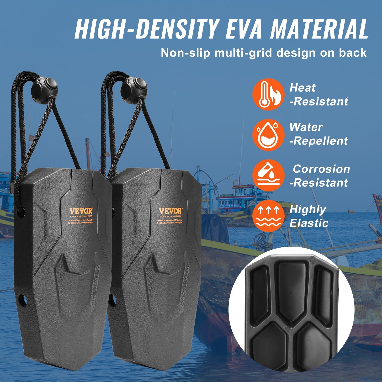 Boat Fenders, 8.6" X 16" Boat Bumpers for Docking, Marine EVA Boat Dock Fender Bumper with Ropes, Cord Locks and Storage Bag, No Inflation Required, for Class A/Class 1/Part Class 2, Black