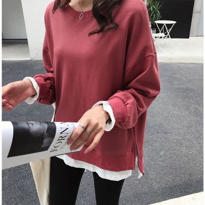 Women's Fleece-Lined Knit Sweater - Faux Two-Piece Layered Pullover, Loose Fit, Black, Wine Red or Grey - Amora