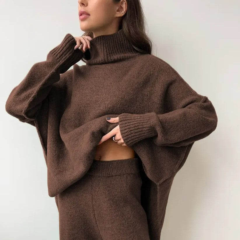 Women's High Neck Wool Blend Sweater - Loose Fit Chunky Knit Pullover, Camel, Coffee & Green, S-XXL - Amora