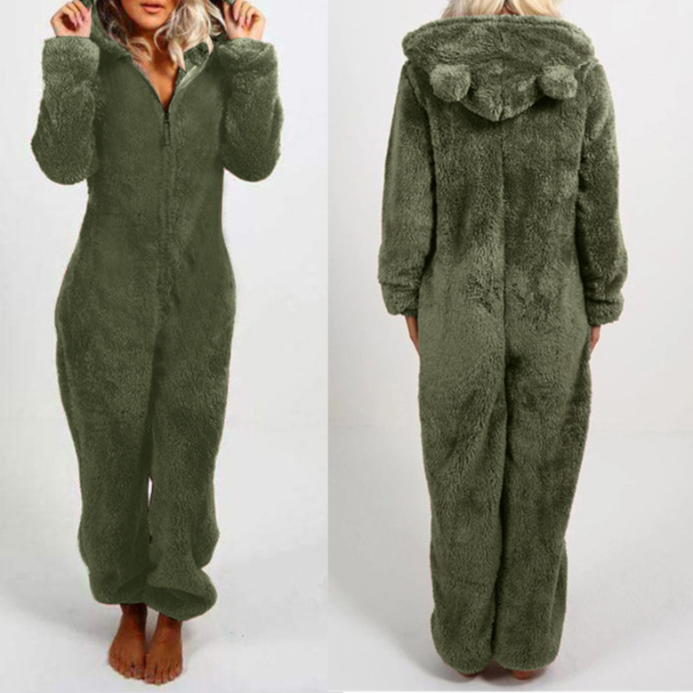 Women's Hooded Corduroy Jumpsuit - Fleece Lined Cat Ear Onesie with Pockets, Nine Colours, S-5XL - Amora