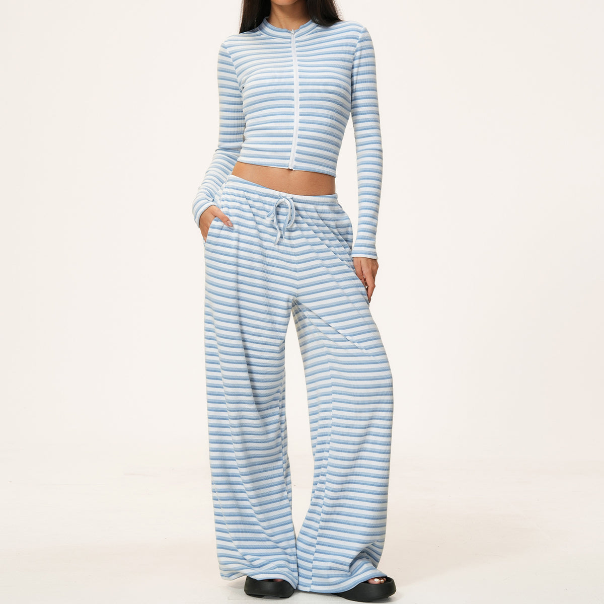 Women's Yoga Set - Contrast Stripe Top and Wide Leg Trousers, Five Colourways, S-XL - Amora