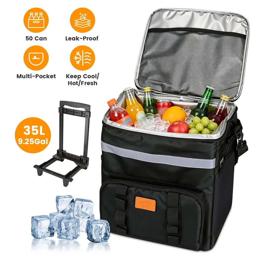 35L Rolling Cooler Bag 2-In-1 Insulated Lunch Backpack with Telescopic Handle Wheels Adjustable Shoulder Strap Portable Thermal Cooler Bag for Camping Picnic Beach Fishing