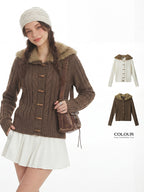 Women's Hooded Knit Cardigan with Faux Fur Collar - Cropped Cosy Sweater Jacket, Cream or Coffee Brown, S-L - Amora