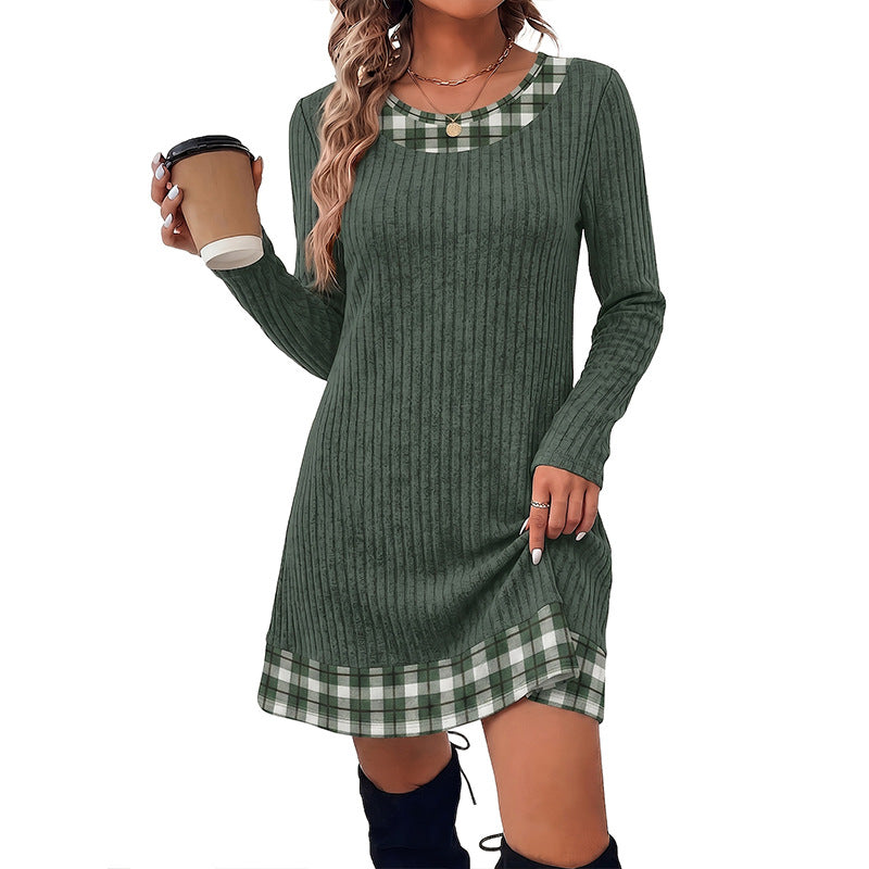 Women's Casual Long Sleeve Dress - Contrast Patchwork Short Knit Dress, Loose Fit, S-XXL - Amora