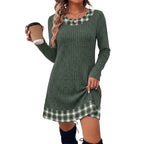 Women's Casual Long Sleeve Dress - Contrast Patchwork Short Knit Dress, Loose Fit, S-XXL - Amora
