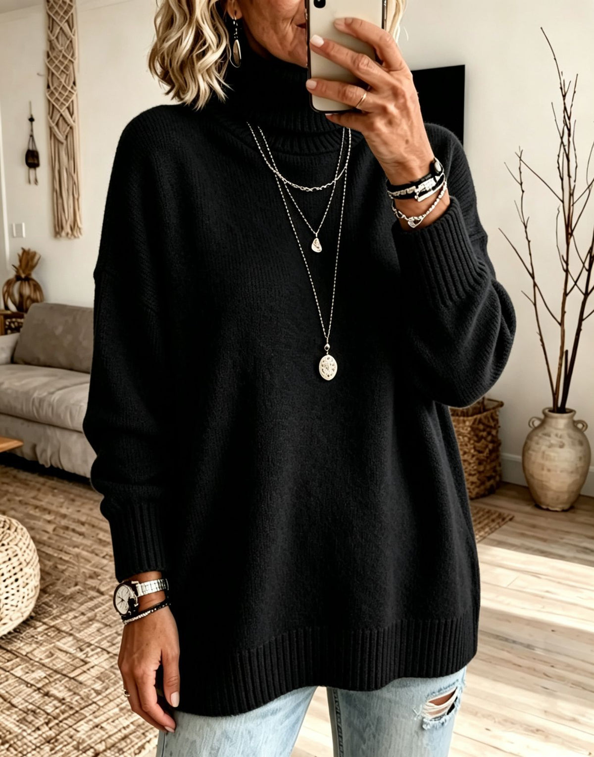 Women's High Neck Knit Sweater - Thick Loose Fit Pullover, Black, Grey & Emerald, S-3XL - Amora