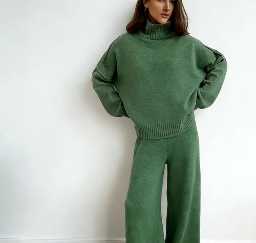 Women's High Neck Wool Blend Sweater - Loose Fit Chunky Knit Pullover, Camel, Coffee & Green, S-XXL - Amora