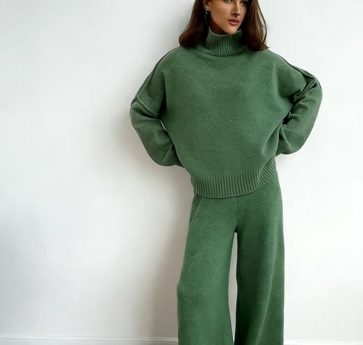 Women's High Neck Wool Blend Sweater - Loose Fit Chunky Knit Pullover, Camel, Coffee & Green, S-XXL - Amora