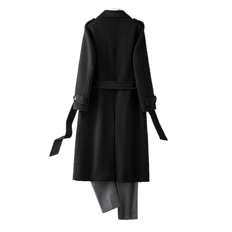 Wool Coat - Double-Breasted Reversible Longline Overcoat, Black or Olive Green, L-4XL - Amora