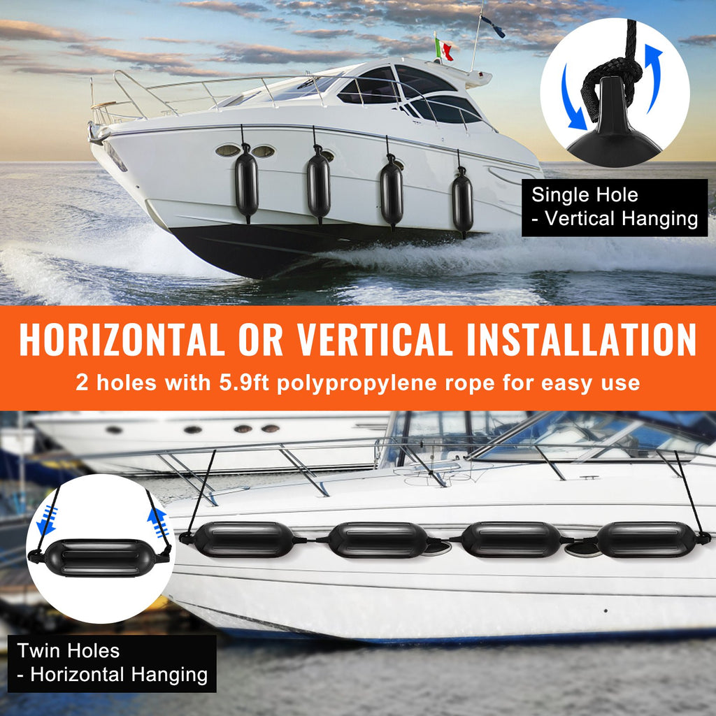 Boat Fenders, 6.5" X 23" Boat Bumpers for Docking, Inflatable Ribbed Fender with Center Holes, Marine Boat Dock Fender Bumper with Air Pump, 4 Needles and 4 Ropes and Storage Bag, Black