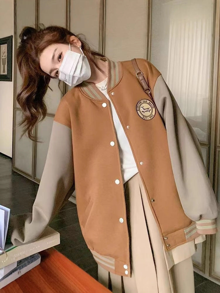 Women's Velvet Baseball Jacket - Thick Retro Varsity Bomber, Black or Light Brown, M-2XL - Amora
