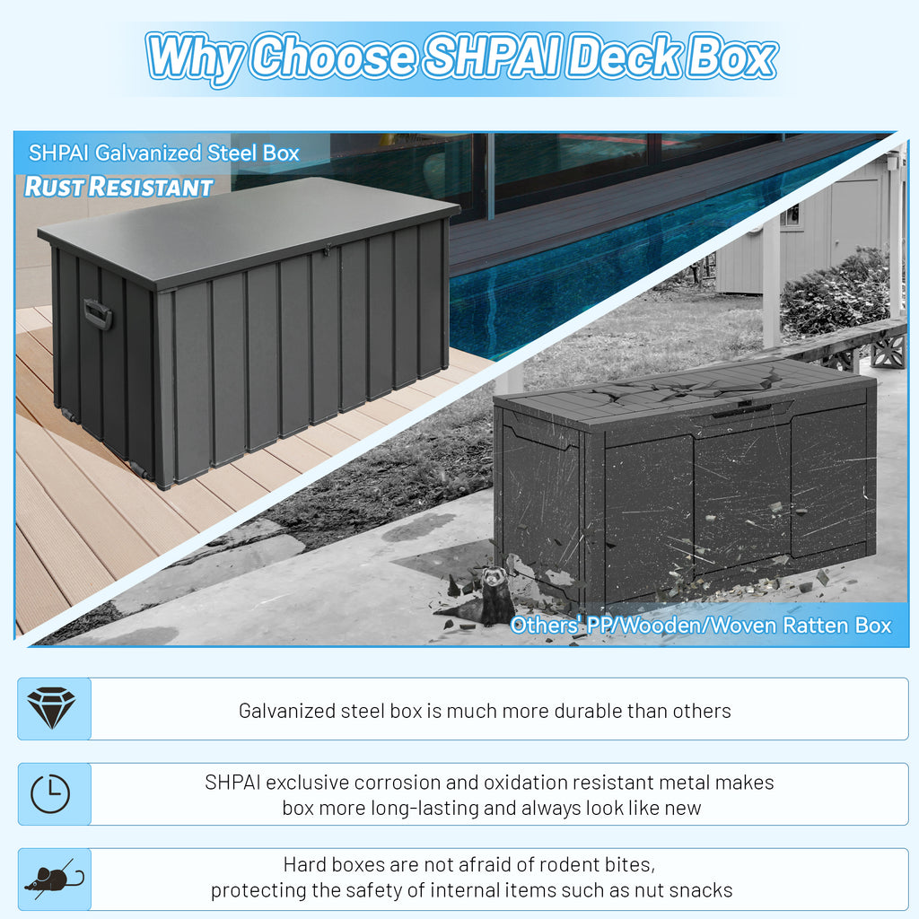 Outdoor Storage Box, 100 Gallon Metal Deck Box Built-In a Oxford Fabric Storage Bag, Lockable & Waterproof outside Patio Storage Box - Gray