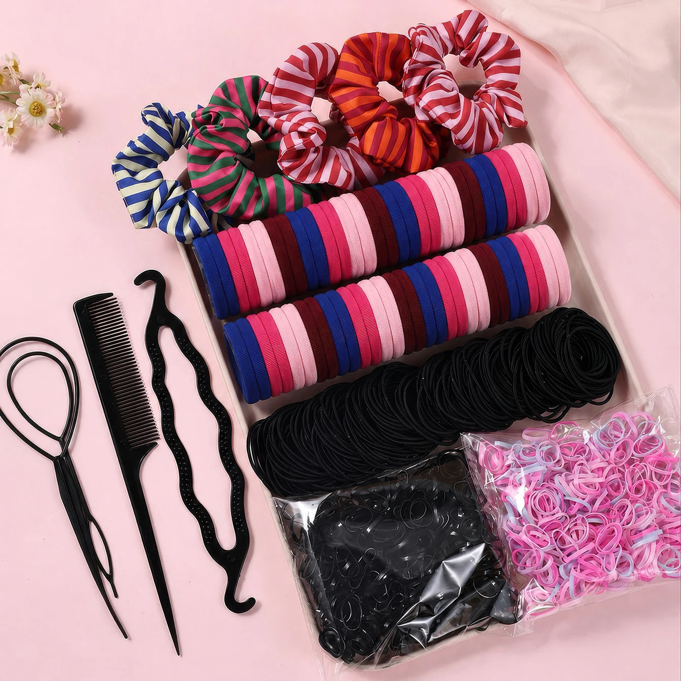 1109Pcs Women Dark Hair Accessories Set Elastic Seamless Ponytail Scrunchies Small Rubber Bands Fashion Hair Ties Headbands