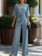 Women's Two Piece Set - Drop Waist Shirt and Wide Leg Trousers, Nine Colours, S-4XL - Amora