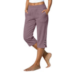 Women's Cotton Linen Cropped Trousers - High Waist Loose Fit Pants with Pockets, Six Colours, XS-5XL - Amora