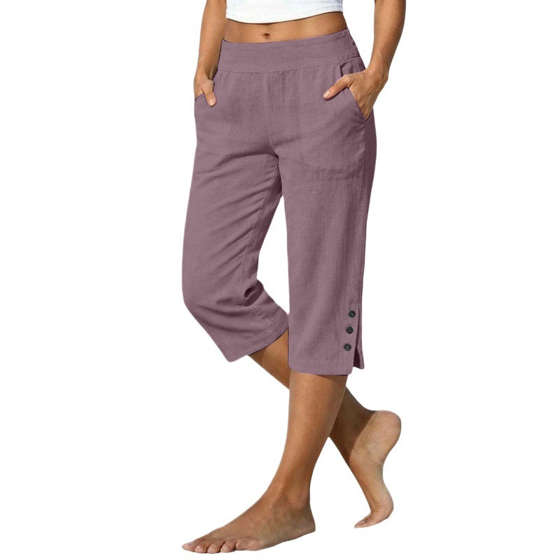Women's Cotton Linen Cropped Trousers - High Waist Loose Fit Pants with Pockets, Six Colours, XS-5XL - Amora