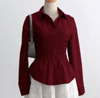 Women's Striped Shirt - Pleated Stand Collar Long Sleeve Shirt, Slim Fit, S-XL - Amora